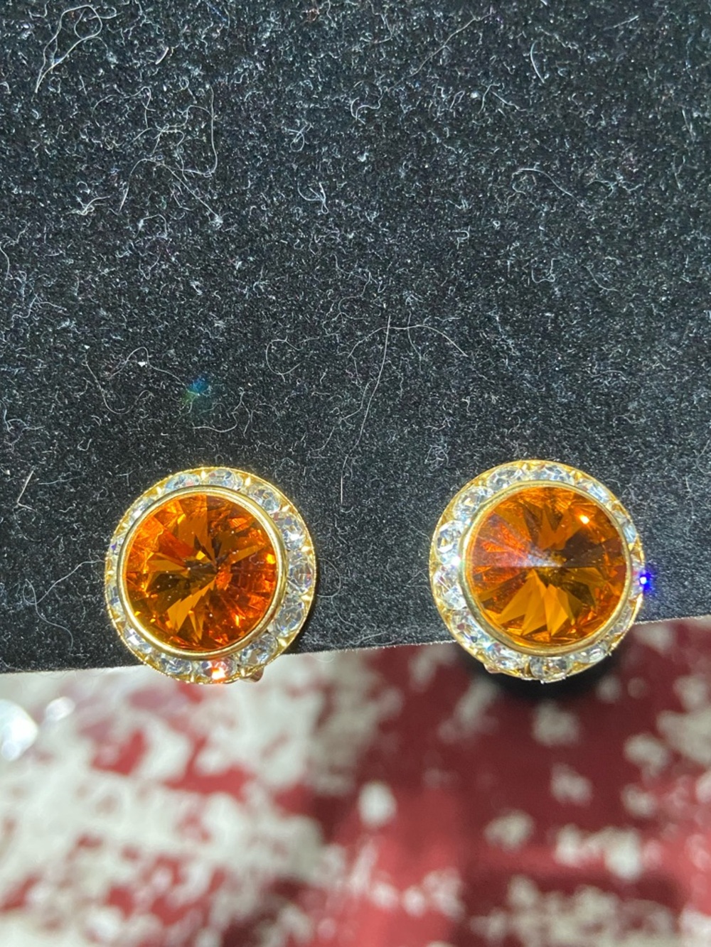 Vintage Gold-Tone Amber Color Crystal Halo Stud Earrings